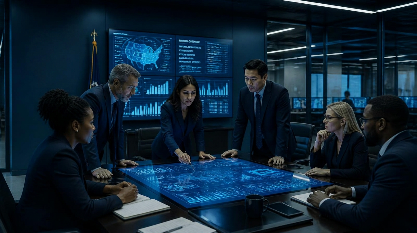 Leadership team reviewing data visualisations on an interactive boardroom screen